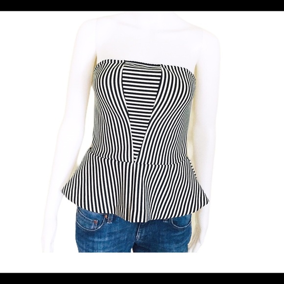 GUESS Scuba Knit Bandeau Strapless Top With Peplum Bottom Black Stripe Sz Small - Picture 3 of 10